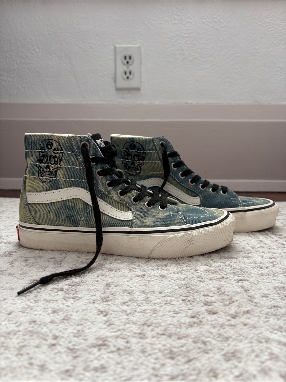 Vans Hi-Top Sneakers with Skull Graphic - Teal, White, Black
